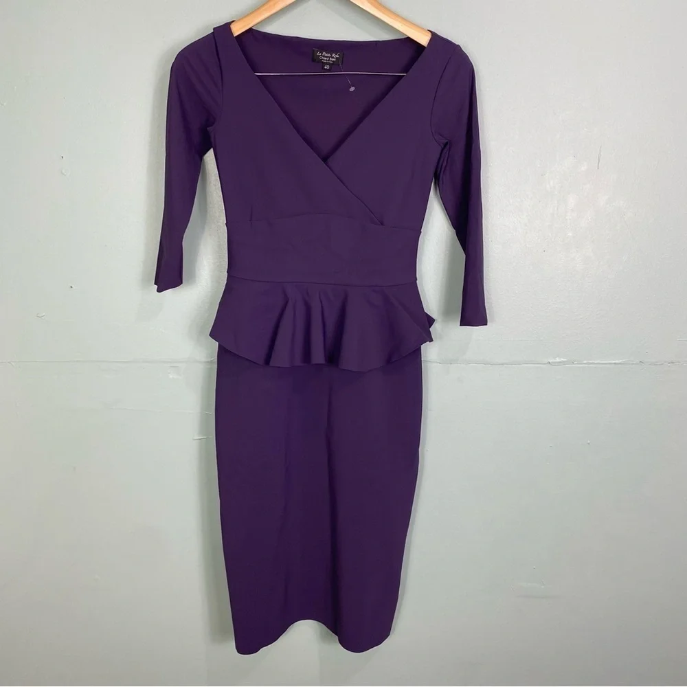 Chiara Boni Purple Peplum Bodycon Half Sleeve V Neck Dress Sheath Sz 40, US 2-4 - Picture 1 of 6